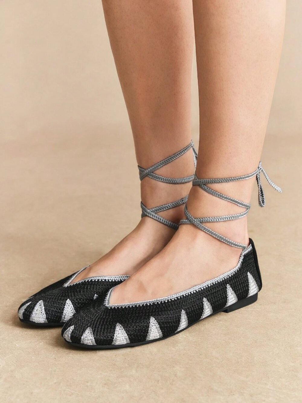 Black Casual Women's Crochet Effect Ankle Strap Round Toe Flat Shoes
